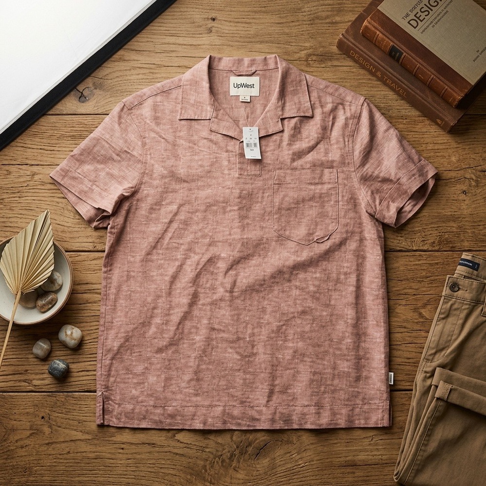 UpWest Mens Size S Polo Shirt Linen Cotton Blend Short Sleeve Peach Rust NWT